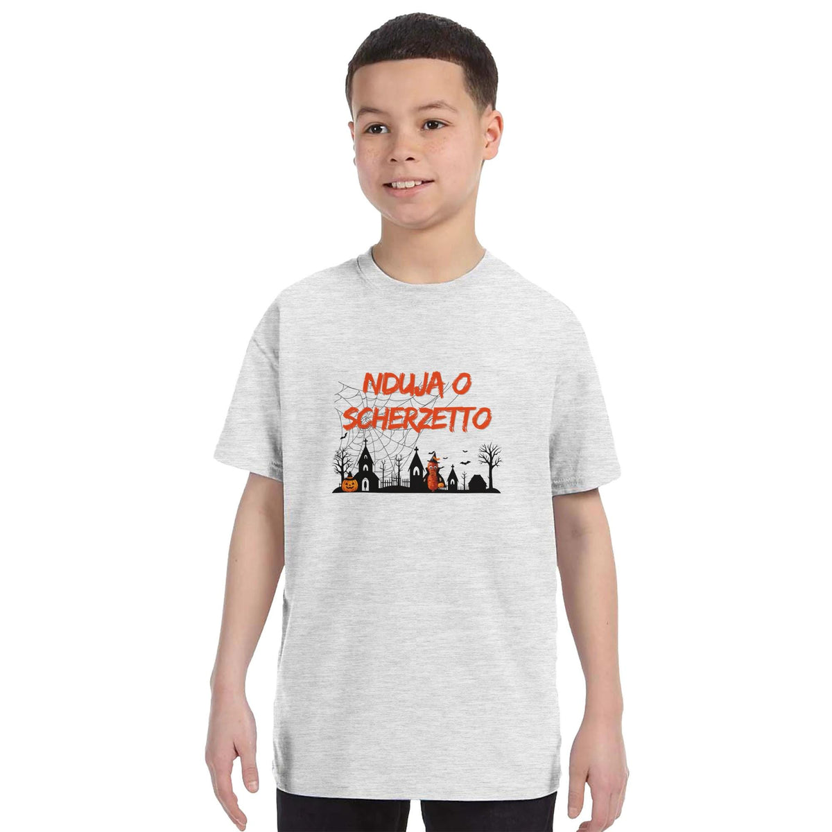 Maglietta Halloween Bambino "Nduja o Scherzetto" | T-shirt bambini divertente, Idea regalo Calabria, Maglia spettrale, Dolcetto o scherzetto